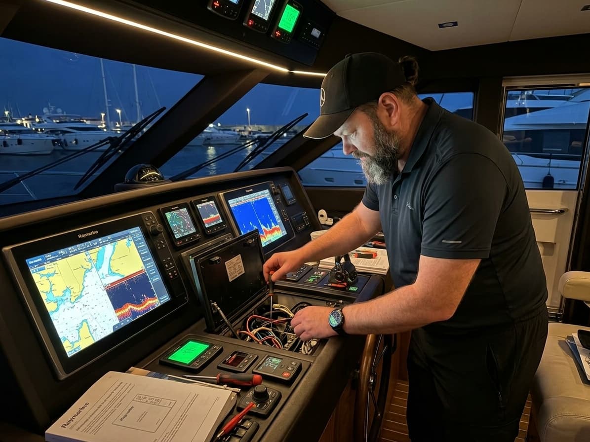 Vsevolod commissioning Raymarine plotters and helm wiring on a motor yacht