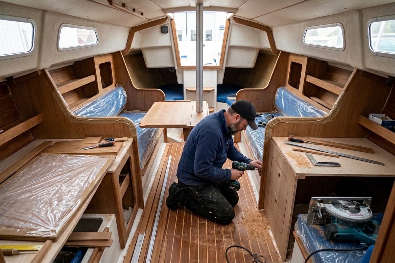 Vsevolod fitting bespoke yacht interior joinery during a refit